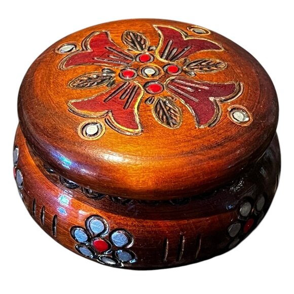 Handcrafted Polish Wooden Jewelry Box With Intricate Floral Design & Red Accents - Picture 2 of 8